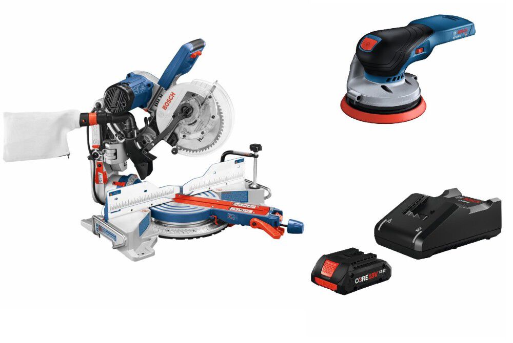 Bosch 10in Miter Saw & 18V 5in Random Orbit Sander Kit Bundle