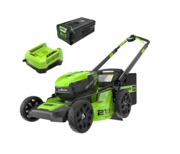 Greenworks 80V 21in Battery Powered Push Lawn Mower Kit with 4Ah Battery & Charger Greenworks 80V 21in Battery Powered Push Lawn Mower Kit with 4Ah Battery & Charger