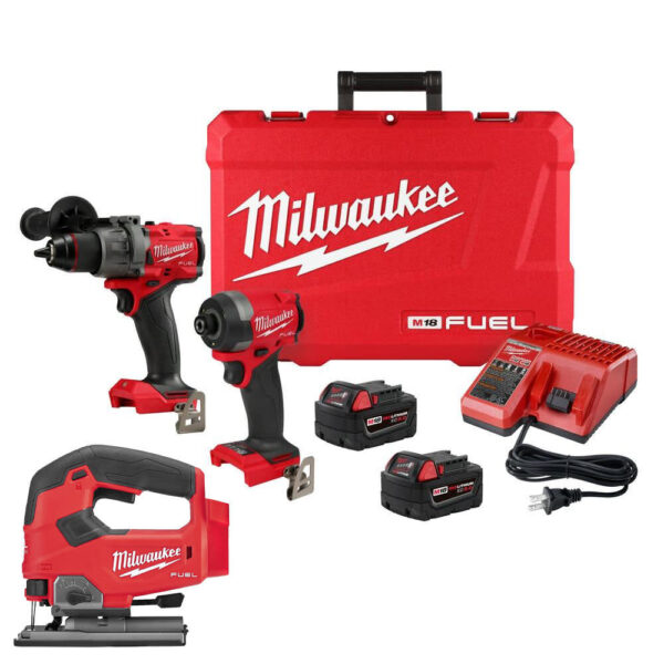 Milwaukee M18 FUEL 1/2 Inch Hammer Drill, 1/4 Inch Impact Driver & Jig Saw Combo Kit Bundle Milwaukee M18 FUEL 1/2 Inch Hammer Drill, 1/4 Inch Impact Driver & Jig Saw Combo Kit Bundle