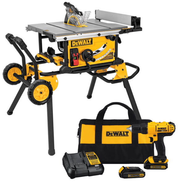 NEW DEWALT 10 Inch Corded Jobsite Table Saw with Rolling Stand & Cordless Drill/Driver Combo Kit Bundle NEW DEWALT 10 Inch Corded Jobsite Table Saw with Rolling Stand & Cordless Drill/Driver Combo Kit Bundle
