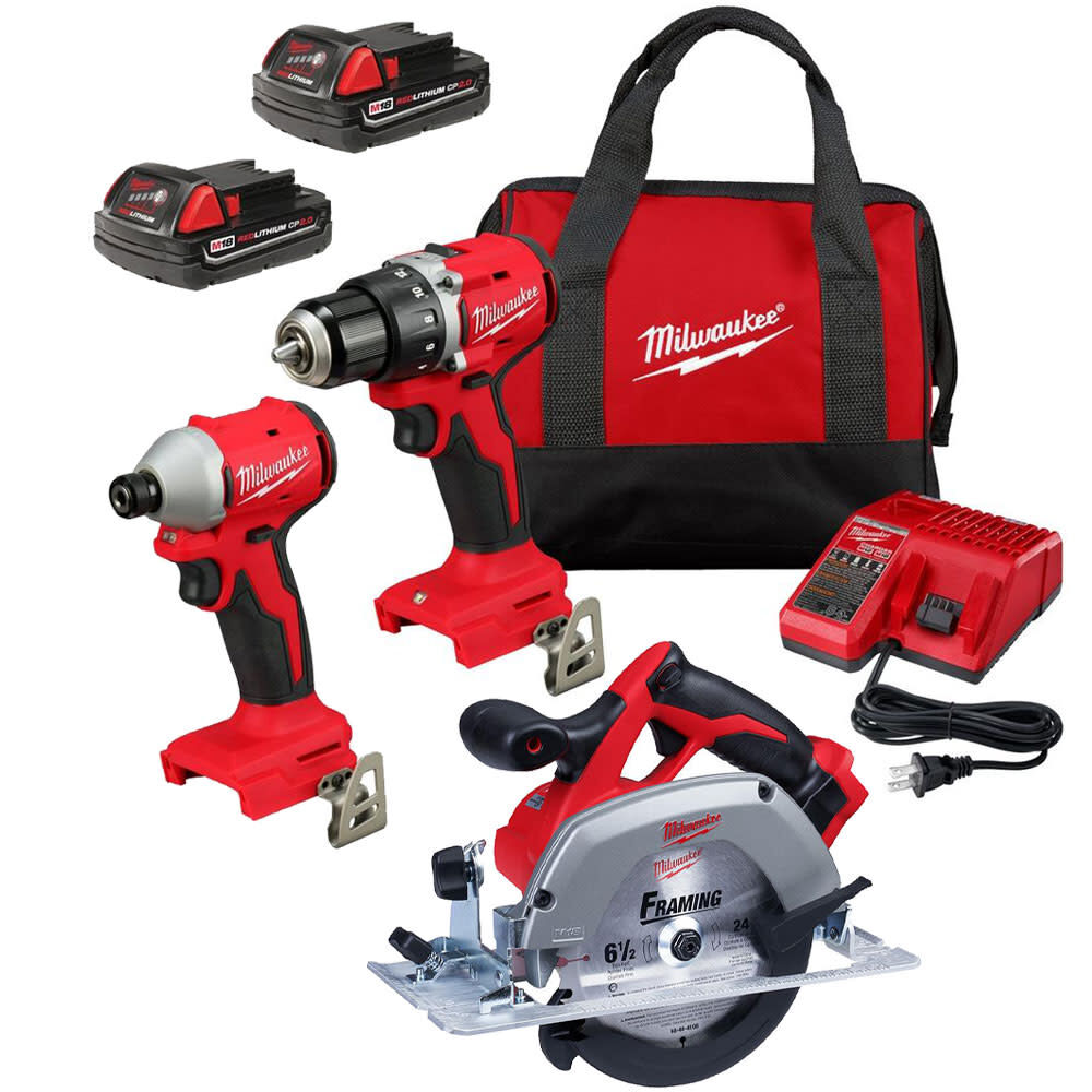 NEW Milwaukee M18 1/2 Inch Drill Driver, 1/4 Inch Impact Driver & 6-1/2 Inch Circular Saw Combo Kit Bundle